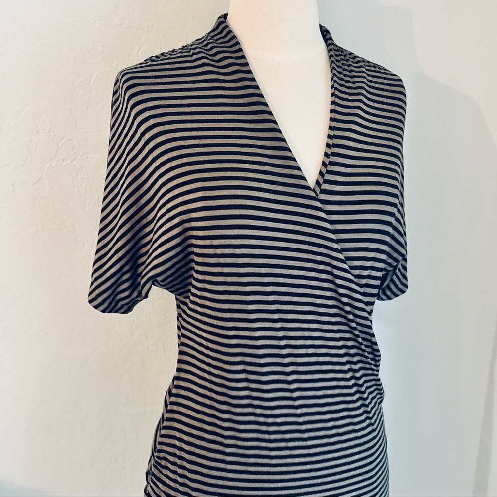 Banana Republic Olive Green Black Stripe Jersey Knit Surplice Shirred Dress - Picture 3 of 9